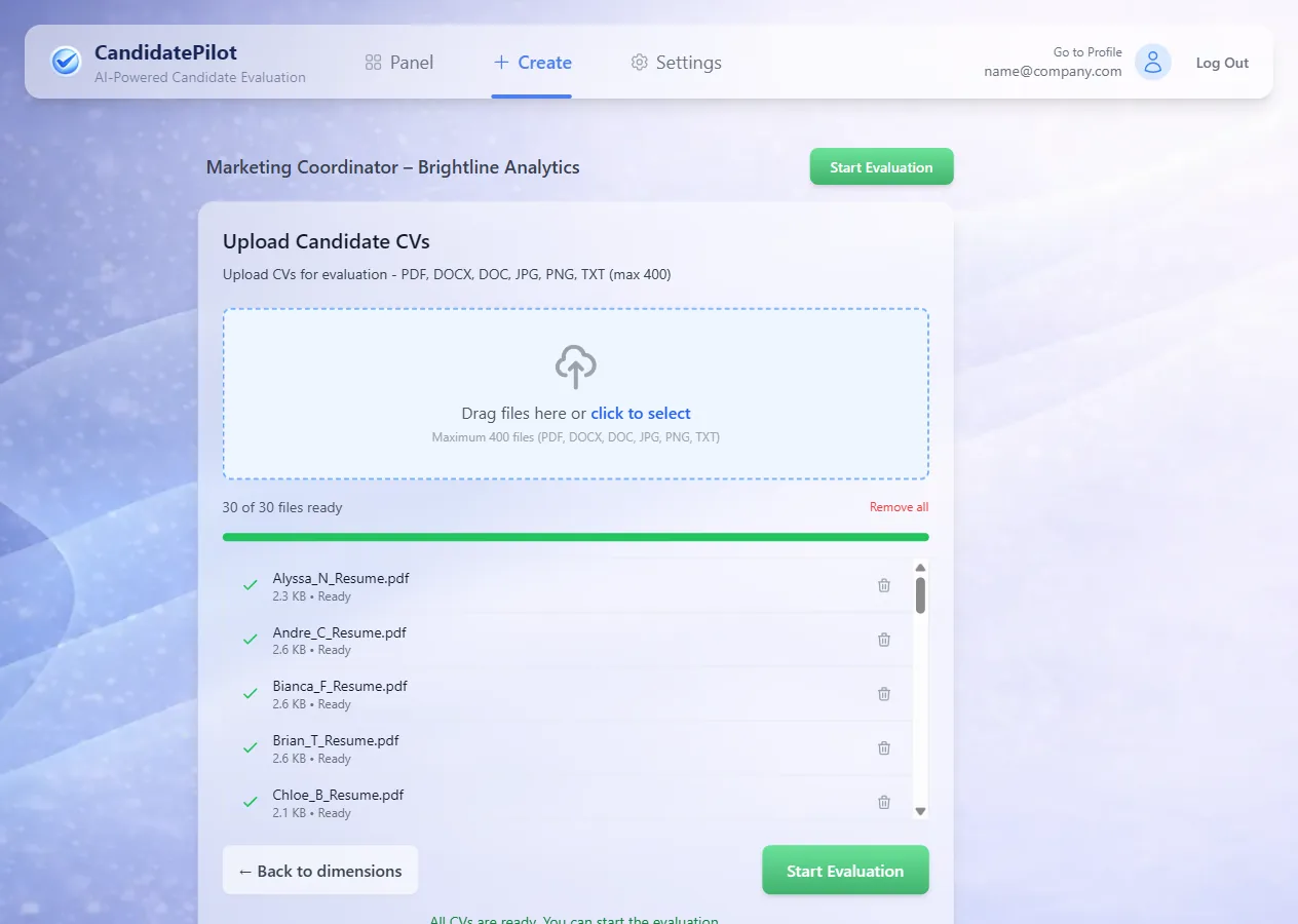 Bulk upload of candidate CVs before starting the AI evaluation
