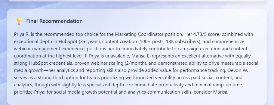 AI-generated final recommendation explaining why to prioritize each Top 3 candidate